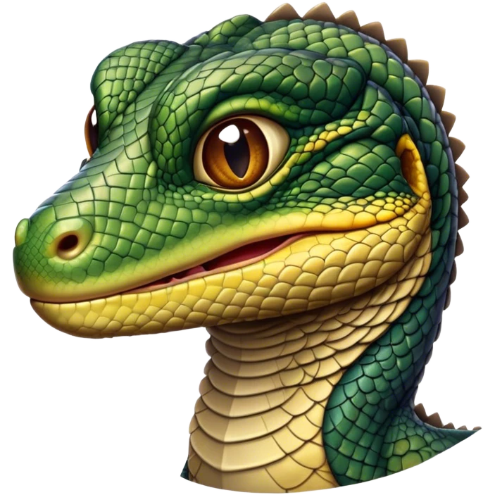 Cinematic Realistic Noble Monitor Lizard Portrait Emoji, Poised and imposing, with a robust, muscular build and a rugged, intricately scaled hide in natural olive and dark brown tones, a sharply defined head with intense, observant eyes, rendered with lifelike detail and authentic texture, high shine, intelligent and formidable, styled with an air of desert authority, focused and attentive, soft glowing outline, capturing the essence of a watchful and confident monitor lizard that appears ready to stride out of the screen with effortless power! emoji