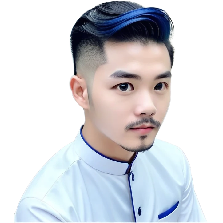Nam 15 tuổi, da trắng, tóc under cut màu xanh lá cây ( vuốt ngược ra sau ), áo khoác da màu cam cổ cao, mặt ngầu, đeo khuyên tai màu bạc emoji