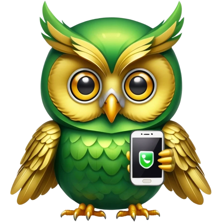 Green golden owl with shiny feathers. Holds a phone in the wing emoji