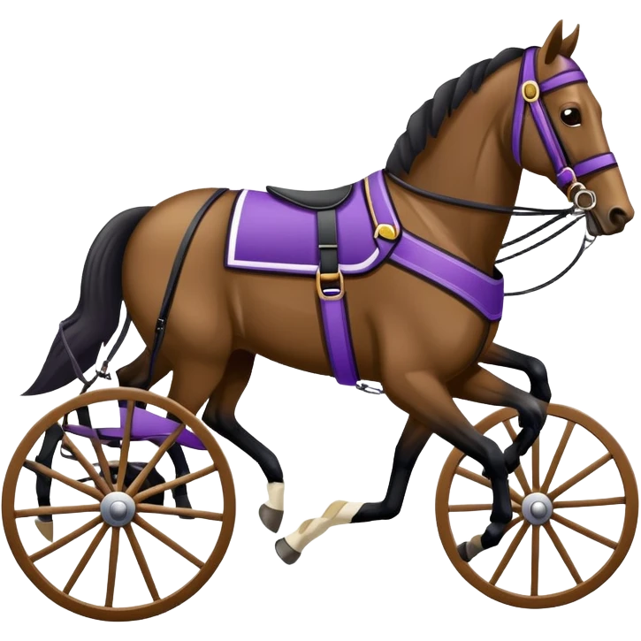 An emoji of a harness racing horse. The sulky is black and behind the horse and attached to the horse’s harness. THere should be a driver dressed in purple and seated in the sulky. emoji