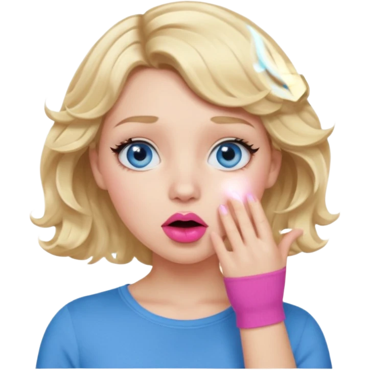 Girl Blonde short wavy hair,  blue eyes, cute blue top, long lashes, pink lips, shocked, hand over the mouth emoji