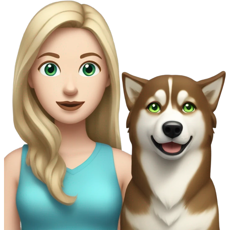 White Woman hair brown and bleus eyes and golden Husky With green eyes emoji