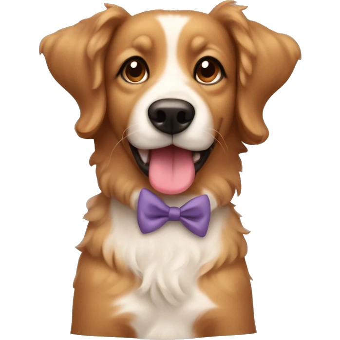 Light Brown dog with curly hair with protruding tongue sitting with a bow on its head emoji