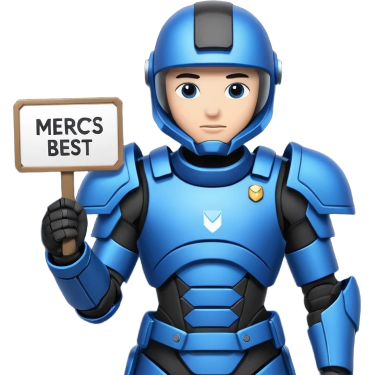 a futeristic scifi soldier in blue and black holding a sign saying Mercs, under this futeristic scifi in blue and black holding a sign is the text we are the best. in gif emoji