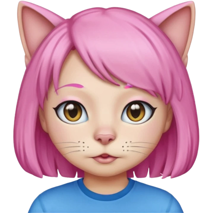 Black cat wearing a pink hair wig, blue T-shirt emoji