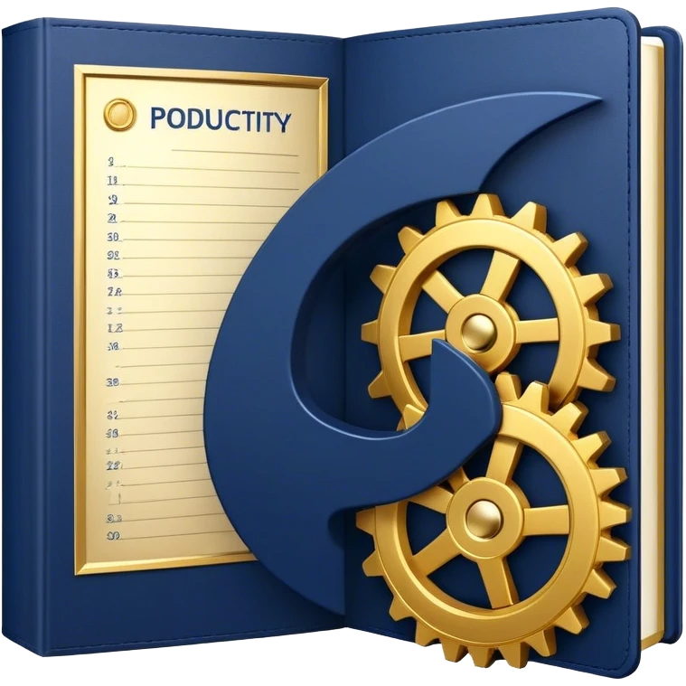 A navy blue book with gold details, metallic edges, and a golden gear with a chart with upward trend on the cover, radiating productivity, strategy, and success in motion- emoji