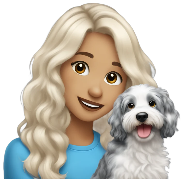 Blonde girl holding blue Merle aussiedoodle  emoji