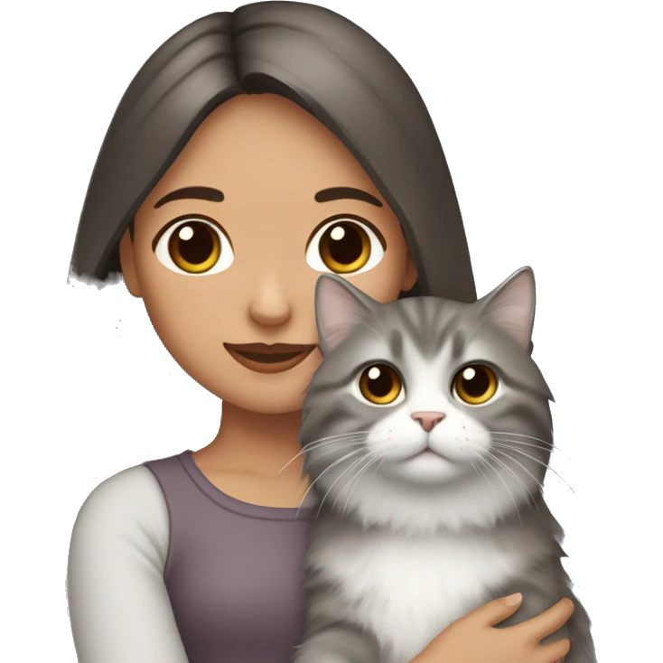 Dark brown straight hair girl holding fluffy Siberian gray cat  emoji