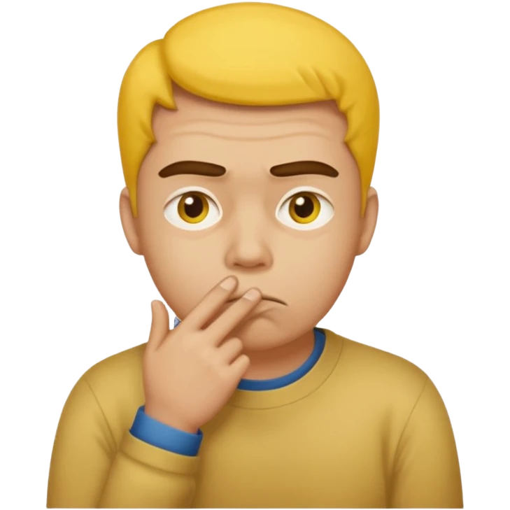 person tipping hand emoji, yellow face, furrowed brow, hand on mouth, thinking expression emoji