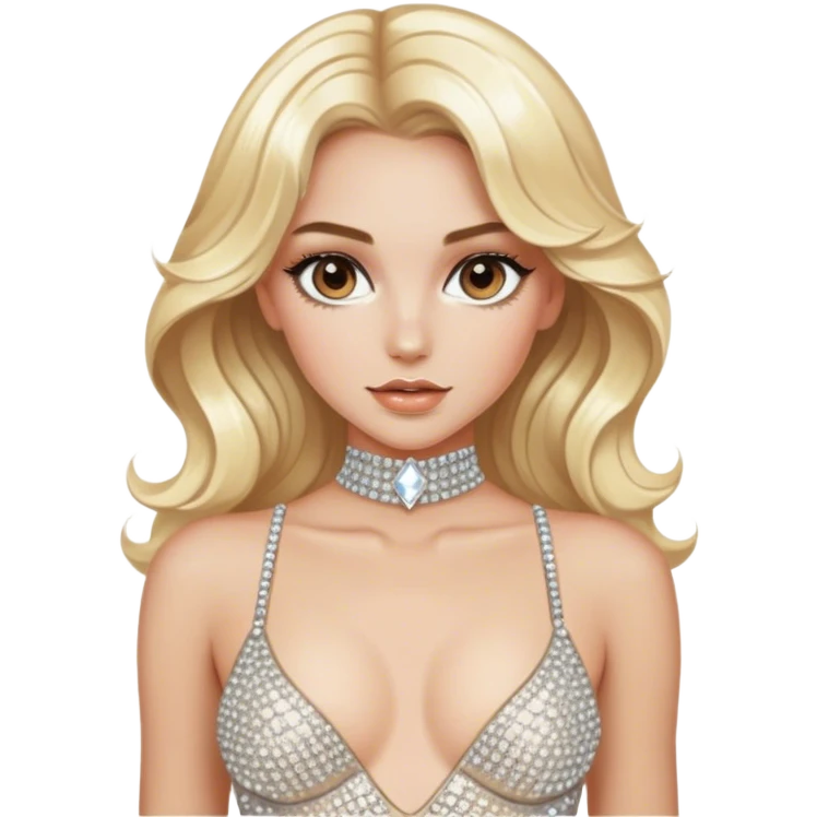 Luxury blonde model, brown eyes, sleek wavy hair, diamanté rhinestone covered bodysuit  emoji