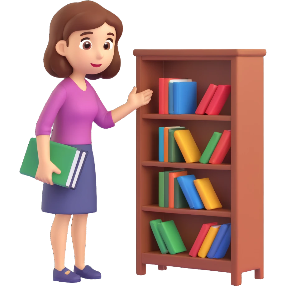 a woman looking at a small bookcase emoji