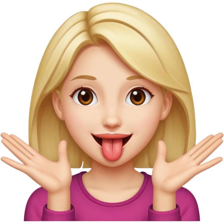 A girl with her tongue out and smiling and she has her hands opened and sideways next to her face  emoji