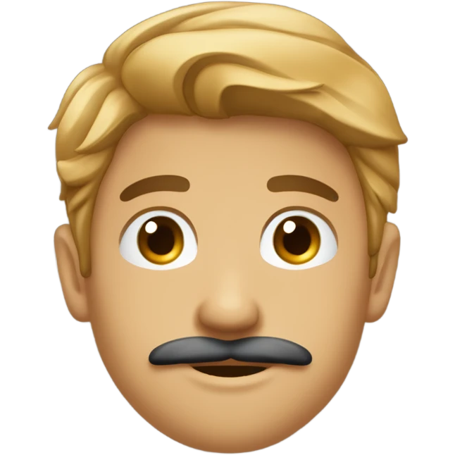 Homme de 20ans, cheveux attachés en queue de cheval, visage ovale, yeux marron, souriant avec une petite moustache  emoji
