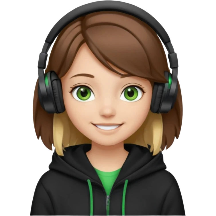 a girl with brown hair blonde ends green and wearing black headphones baggy hoddie she is happy  emoji