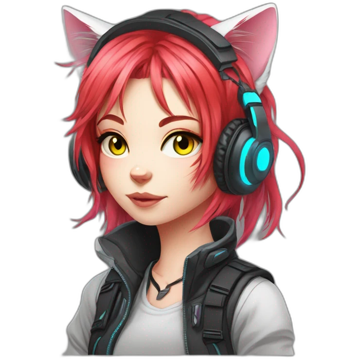 Anime cat gamer girl cyberpunk neon red hair emoji