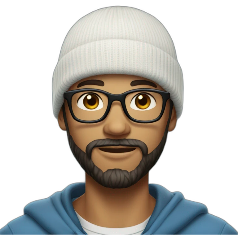 young dark-haired blue eyeswhite man with a beanie, glasses and beard emoji