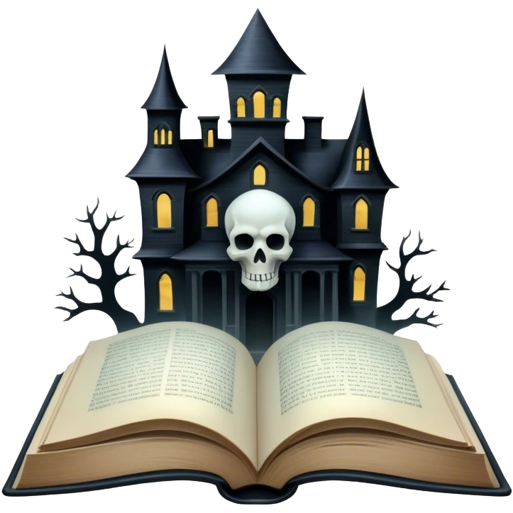 Icon for Horror and Mystery Reading: an open book with eerie, dark pages, a haunted house silhouette, a ghostly figure, and a skull. The icon should capture the suspense, fear, and mystery of horror and supernatural stories. Transparent background. emoji