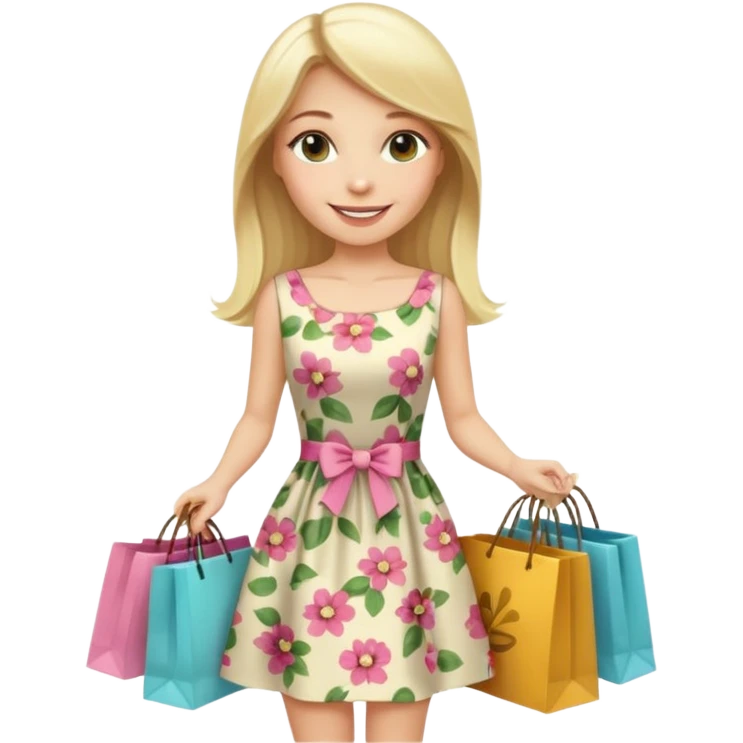 rich long straight hair blonde australian millionare woman holding a lot of money and shopping bags in both hands wearing cute floral dress emoji