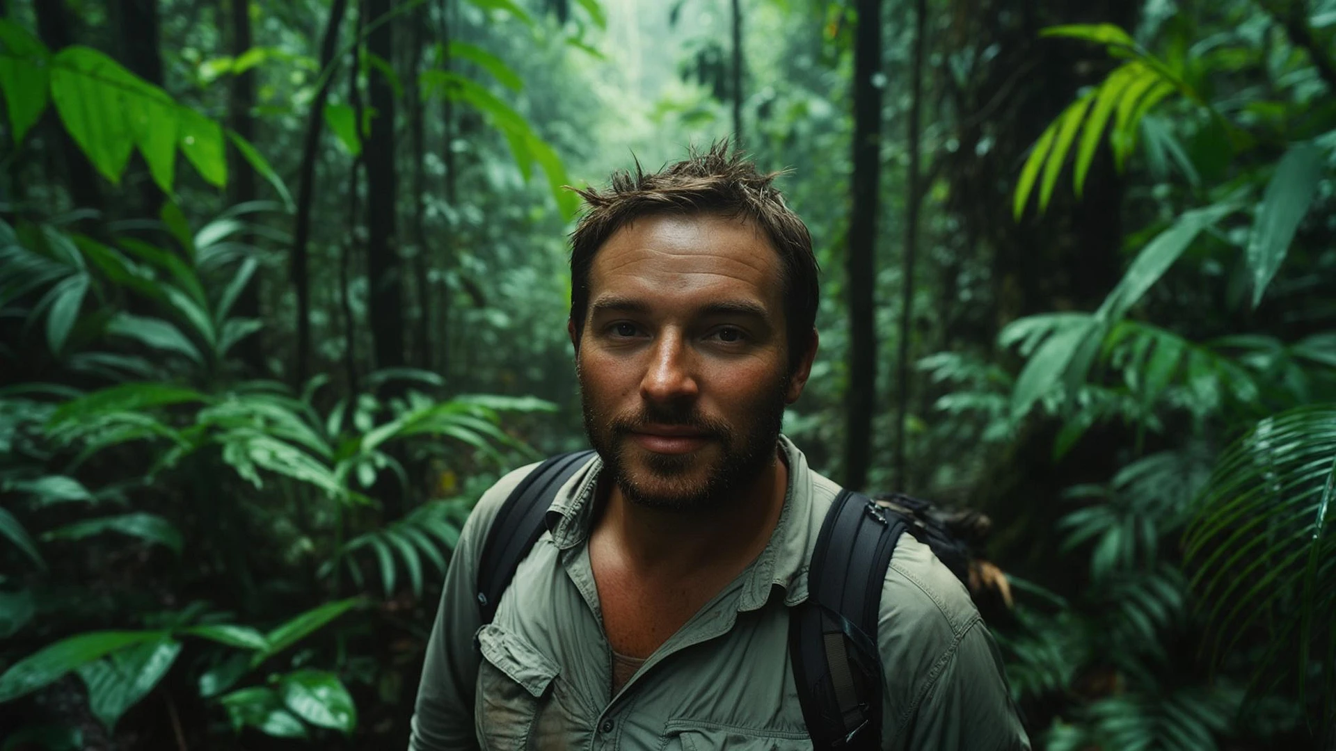 cinematic still, documentary photography, amazon jungle, well lit scene, man is exploring the jungle, close up, front shot, rule of thirds emoji