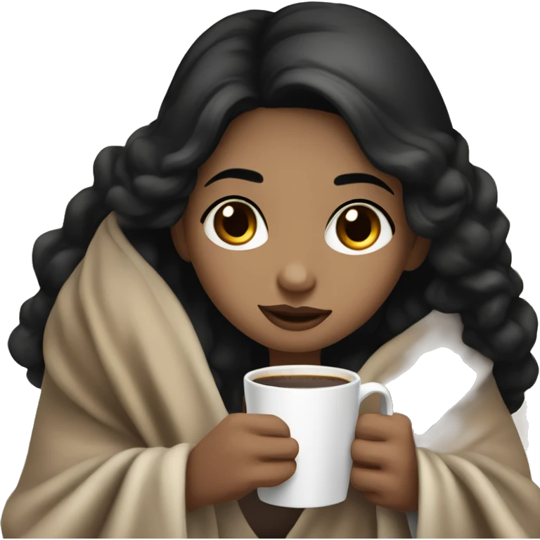pale girl with dark brown eyes and black hair sitting with a blanket on her lap and a coffee in her hand  emoji