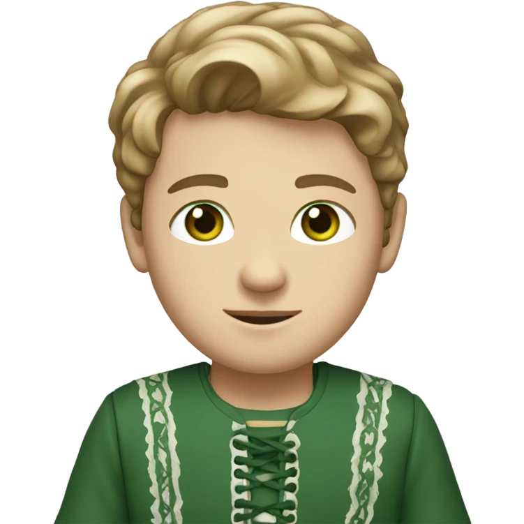 white boy with light brown hair and green eyes wearing a tunic with laces up the front  emoji