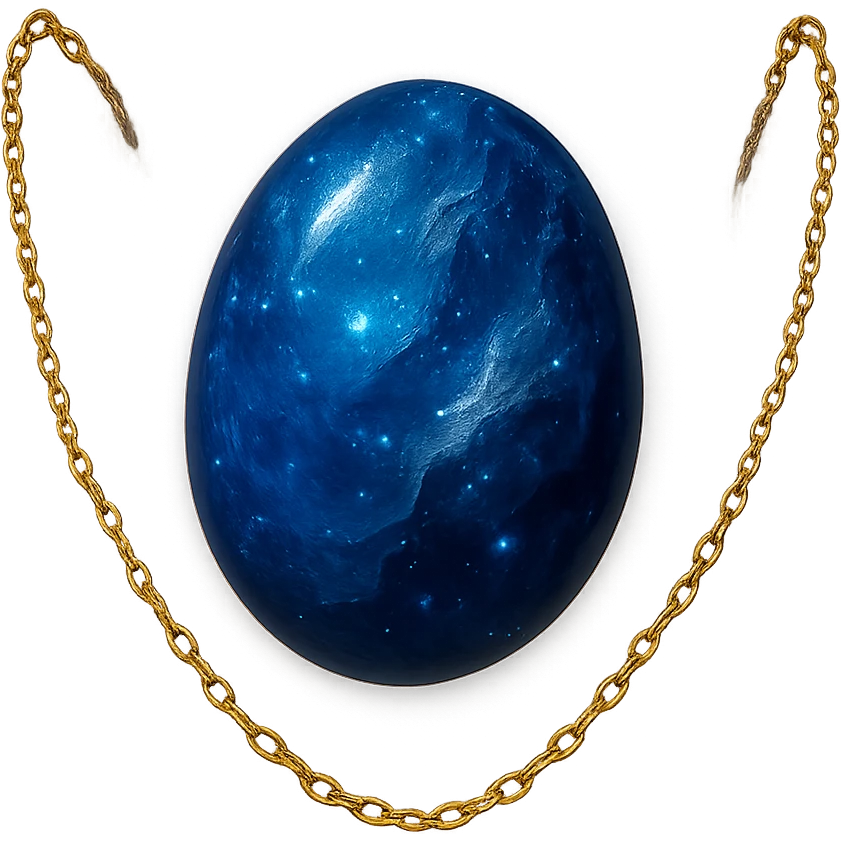 delicate floating gold chain cradling a deep blue stone with swirling white and gray veins, glowing faintly like the night sky, radiating mystery and magic emoji