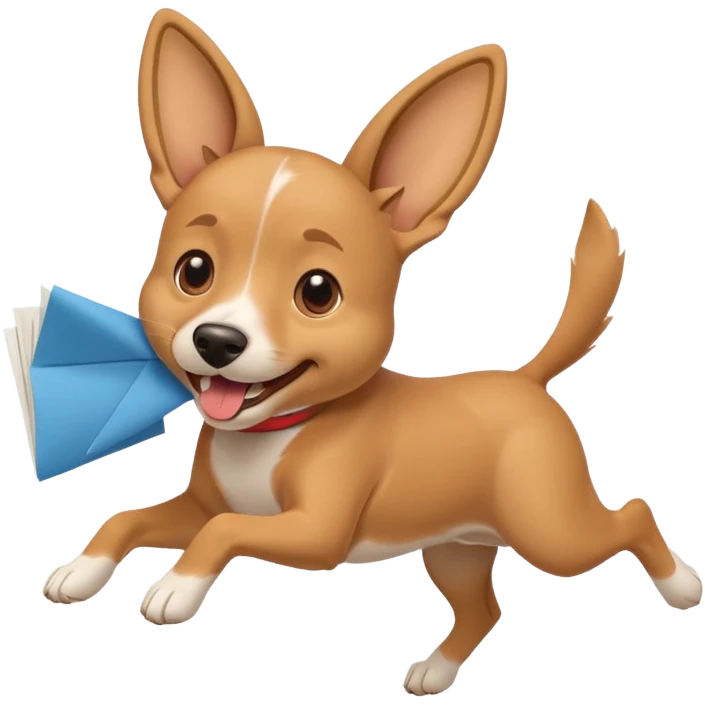 joyful emoji dog sprinting with a paper resume in its mouth, ears flapping, bright and playful emoji