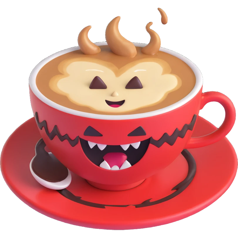 a cappuccino cup with fangs and an evil grin, dark coffee swirling inside emoji