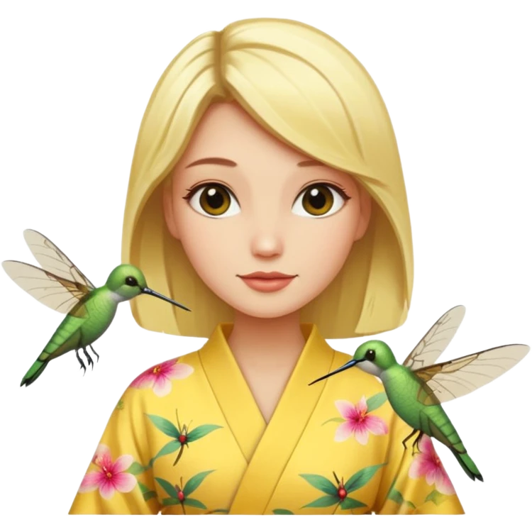 Blonde in yellow kimono with dragonfly and hummingbird  emoji