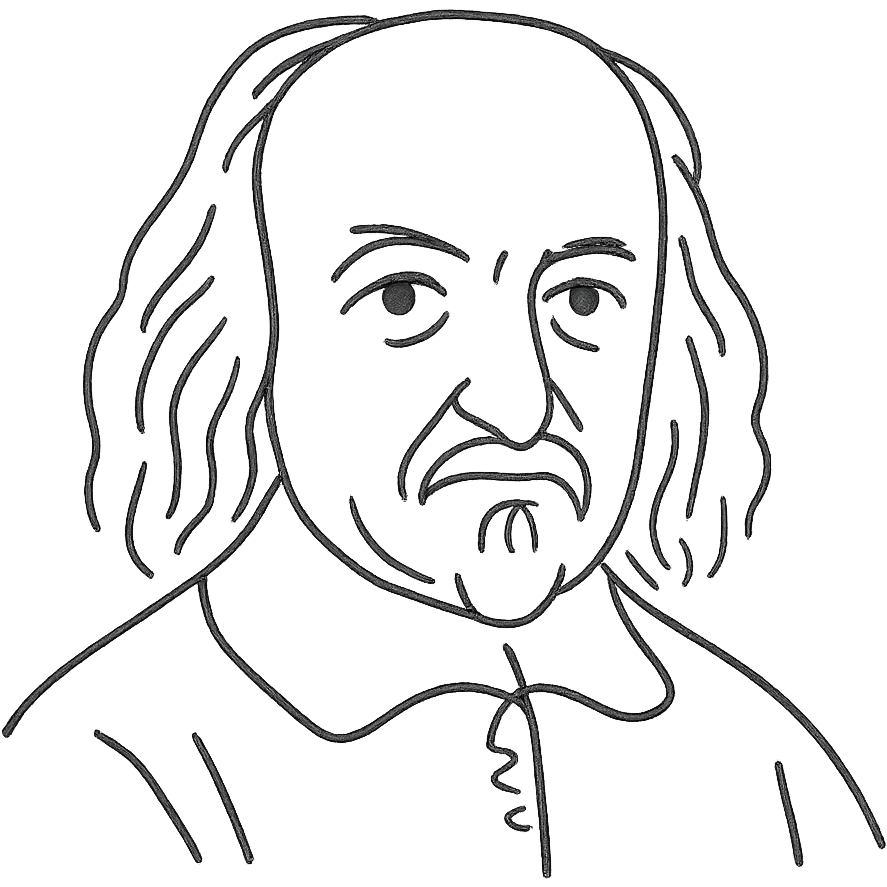 a hand drawn black outline portrait of philosopher Thomas Hobbes with similar-sized eyes based a famous portrait of him emoji