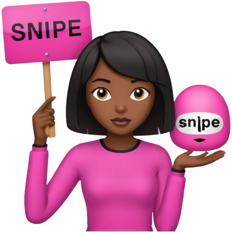 Dark skin woman with black bob in hair holding sign that says snipe  wearing pink outfit  emoji