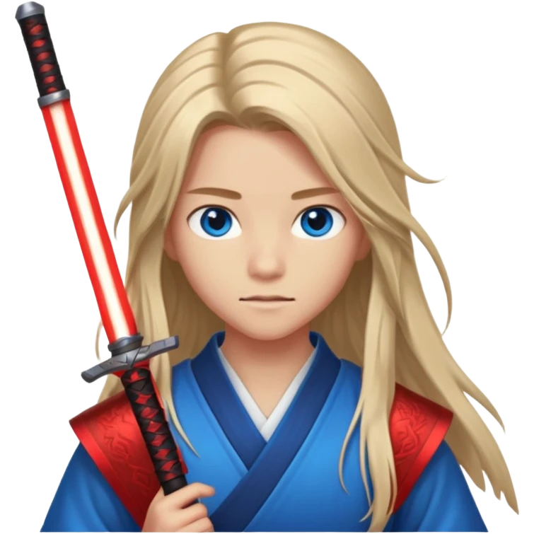 A 14 year old with red glowing katana and his hair be long and eye colour of blue  emoji