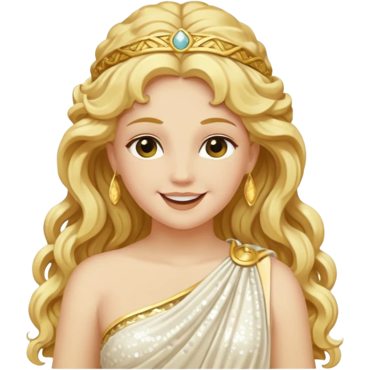 Psyche, Goddess of Soul from Roman Deities with long golden blonde wavy hair, ivory sequin toga emoji