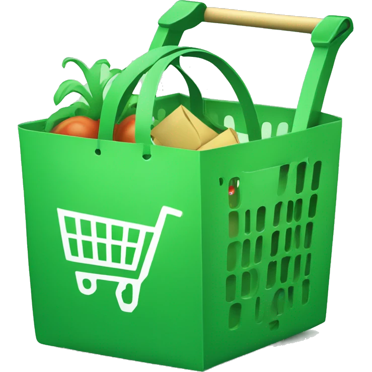 A green shopping bag in a shopping cart resolving code bugs emoji