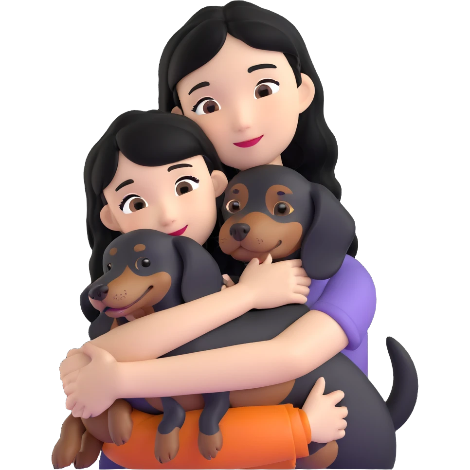 black hair asian girl hugging black dachshund emoji