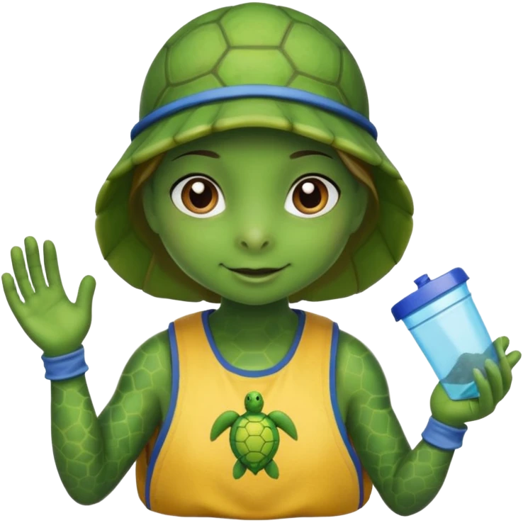 Haz una tortuga bonita, que sea niña, con ropa como si estuviera haciendo voluntariado, que Rea presente la limpieza de playas y el de refugio de animal emoji