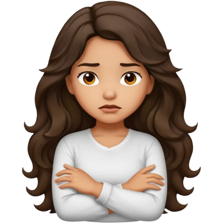 Hispanic tan ish girl with long dark wavy hair crossing her arms and slightly pouting emoji