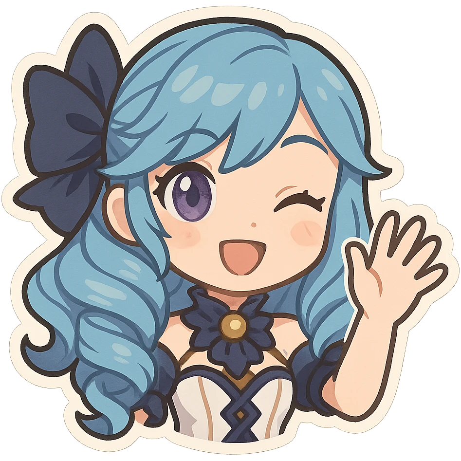 chibi style Gwen from League of Legends, only head, right eye purple, waving hi, frame 2: hand mid-wave, eyes happy emoji