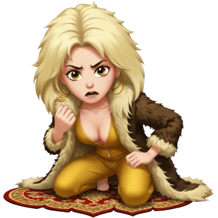 Cinematic Realistic Ultra HD -  Angry, High Nose - Glamour, Plunging Neck Hilary Duff Extreme Long Long Hairstyle in Shaggy Fur Coat with Gold Flash - Crouching on Kashmir Carpet emoji