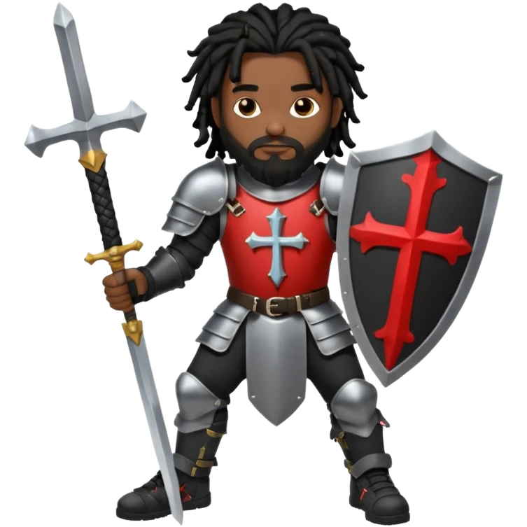 African American man with shoulder length black dreadlocks with black beard wearing knight body armor holding a double edge sword and a shield with a cross on it wearing black low top Air Force 1 sneakers emoji