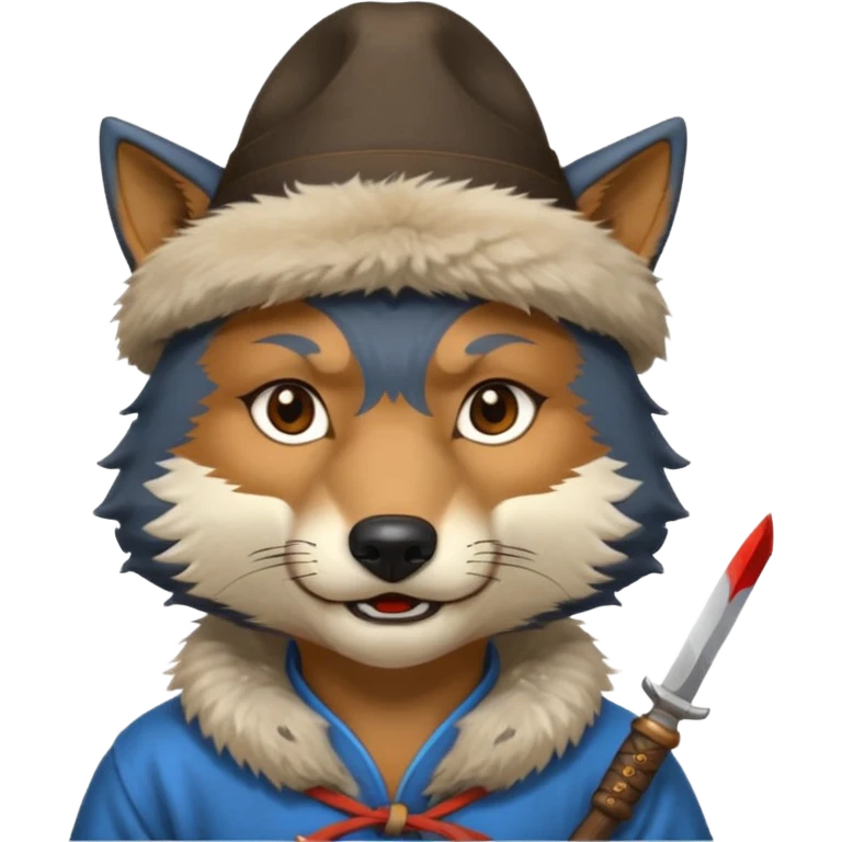 wolf face, mogolian ancient with small knife and hat emoji