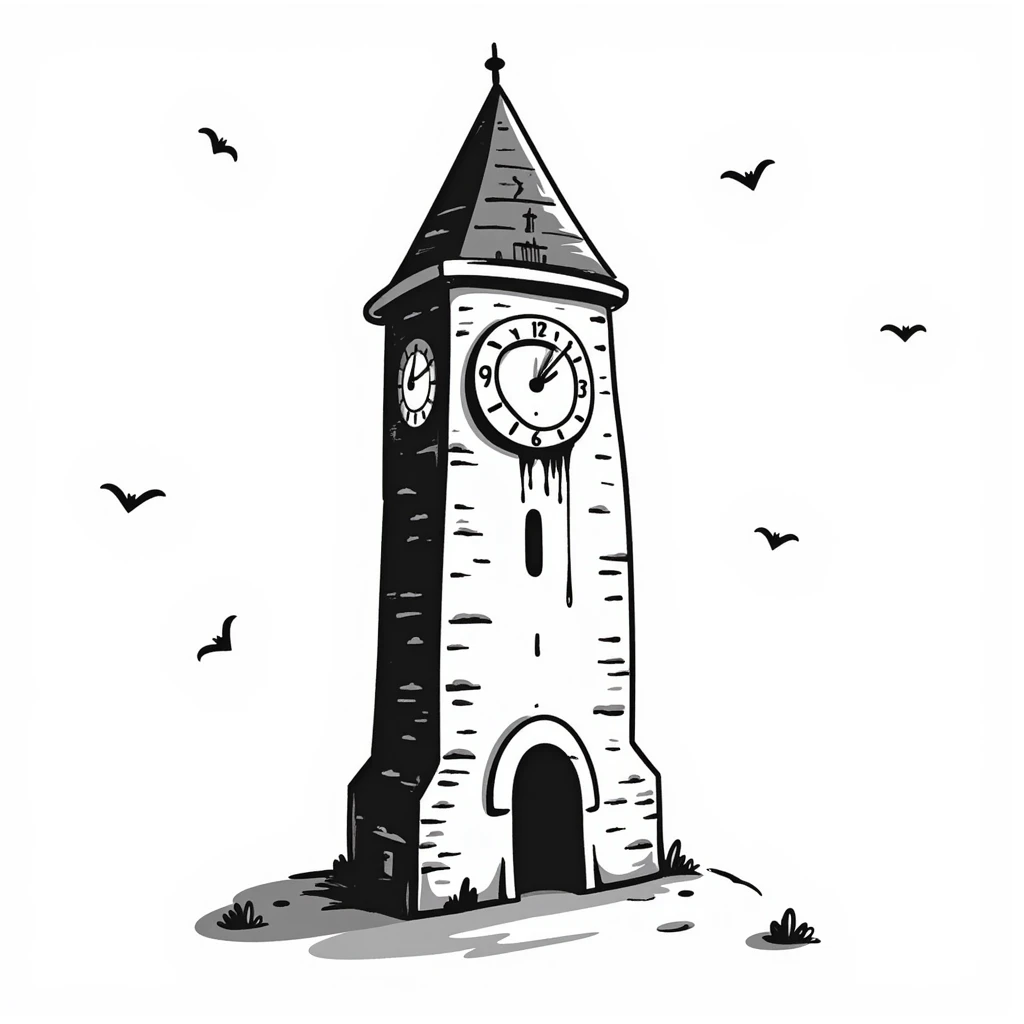 Hand-drawn scary clocktower with blood stains dripping from the numbers, halloween theme emoji
