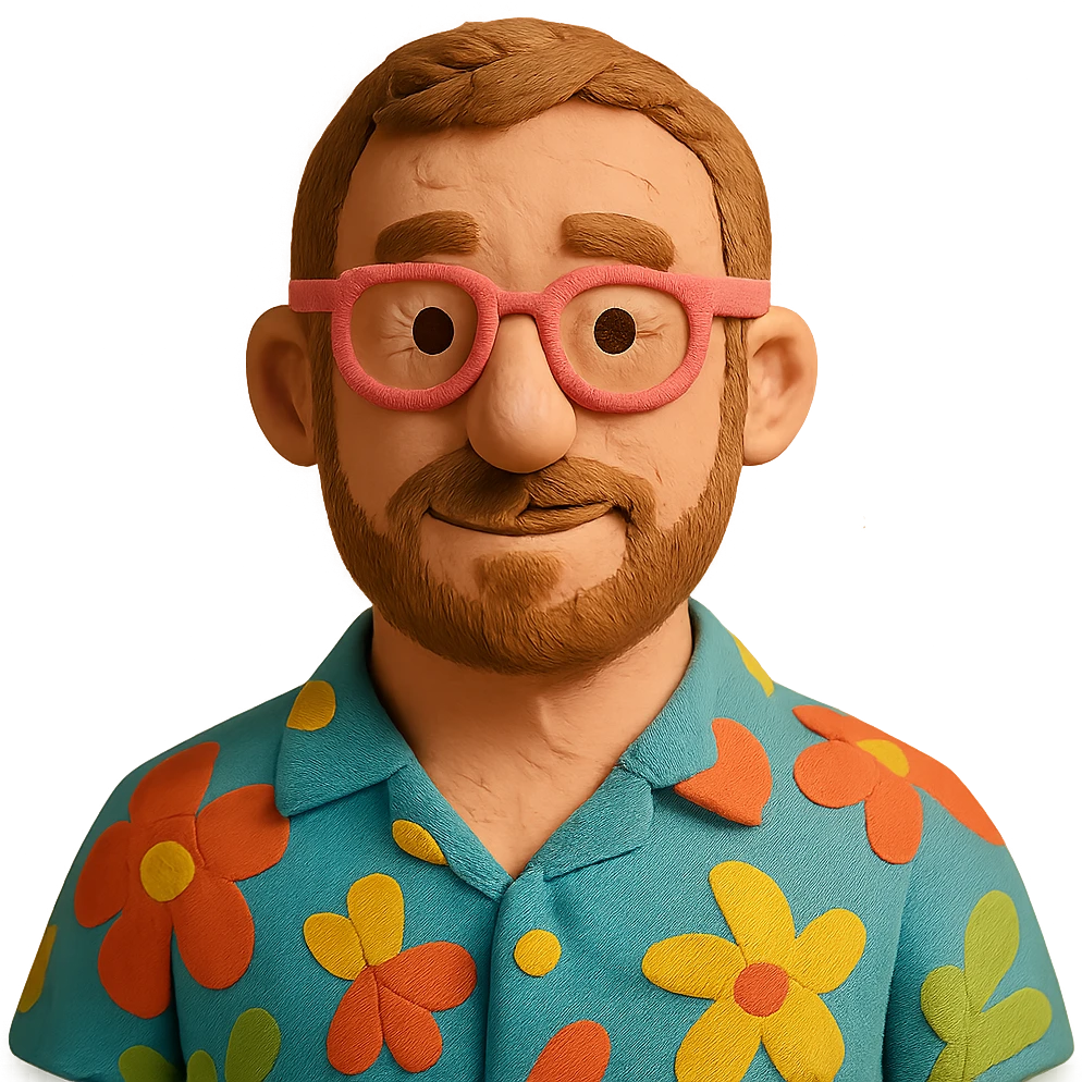 man with light skin tone, short light brown hair and beard, wearing a Hawaiian shirt and pink glasses emoji