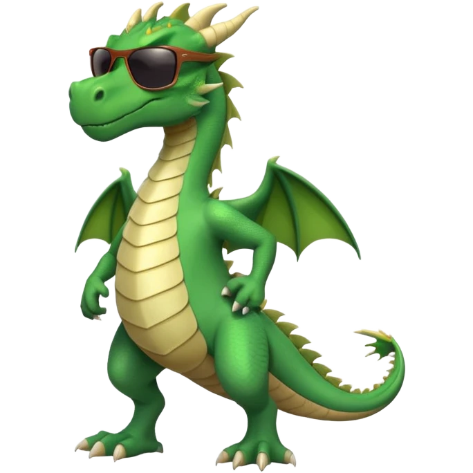 friendly anthropomorphised green dragon in a sports t-shirt and jeans with dark sunglasses walking upright, relaxed pose emoji