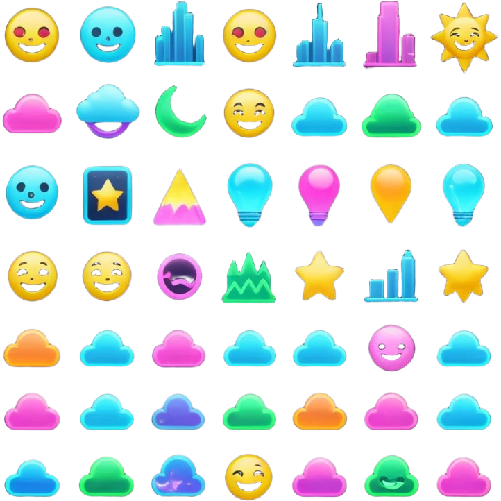 A vibrant collection of different themed emoji packs featuring glowing neon lights, futuristic cityscapes, and cosmic elements, perfect for digital art enthusiasts. emoji