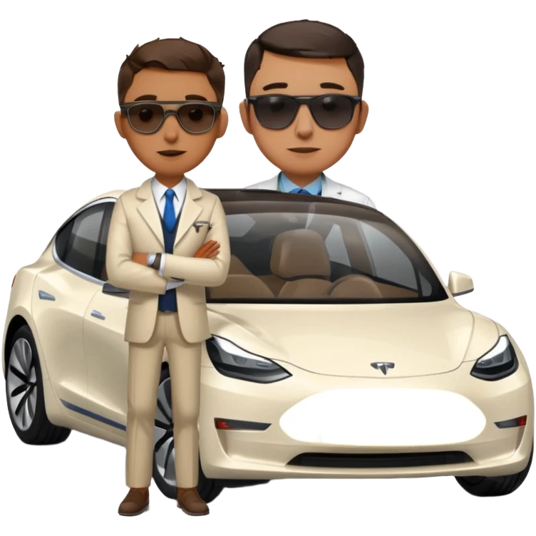 White tesla model 3 with a physician with sunglasses next to it emoji