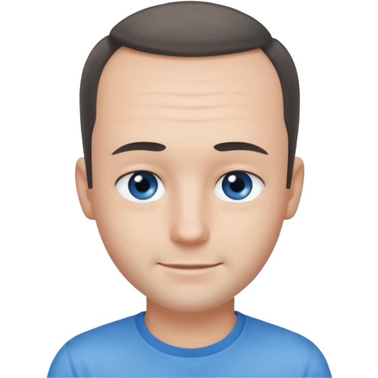 Man with black-greyish receding hairline, some hair on top, small blue eyes, clear face, shy smile emoji