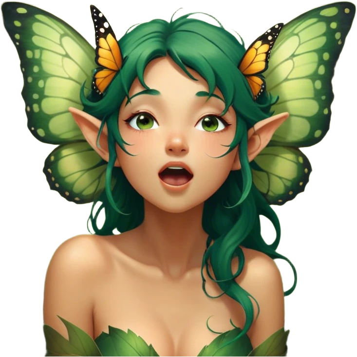 Cinematic Realistic Forest Fairy Portrait, head tilted slightly with a dramatic, wide-open yawn, revealing a tender, relaxed visage with finely detailed tanned skin and flowing, vine-adorned dark green hair gently framing her face. Her sleepy eyes exude a serene, dreamlike quality as soft natural sunlight filters through the canopy, showing her large butterfly wings from her back capturing the essence of a drowsy yet captivating forest drifting into peaceful slumber. emoji