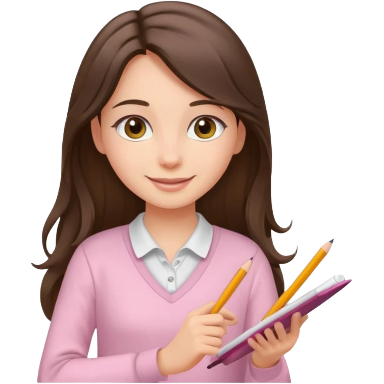 smiling long brunette hair girl hazel eyes wearing light pink clothes writing emoji