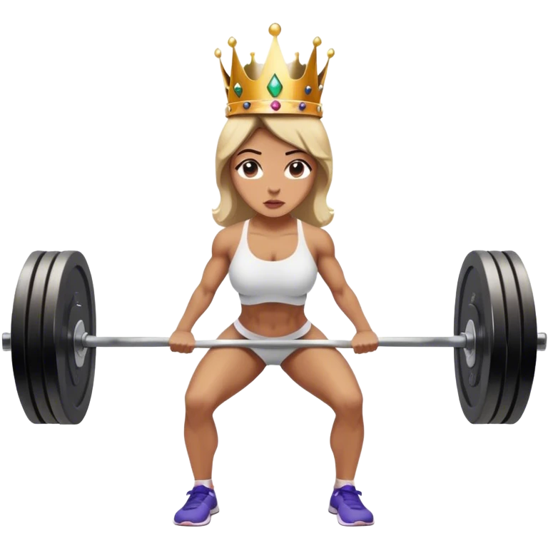 A woman wearing a crown is doing deadlifts in the gym, her expression focused and determined. emoji